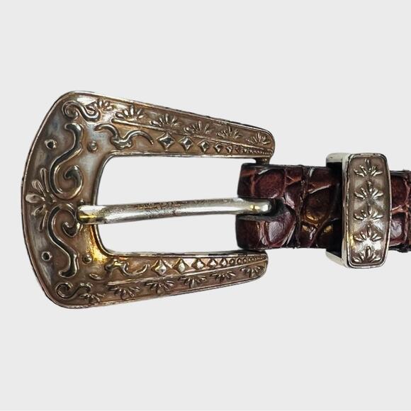 Lake Shore Drive Leather Belt Size M Silvertone Ornate Buckle Hinge Inserts Boho - Picture 4 of 14